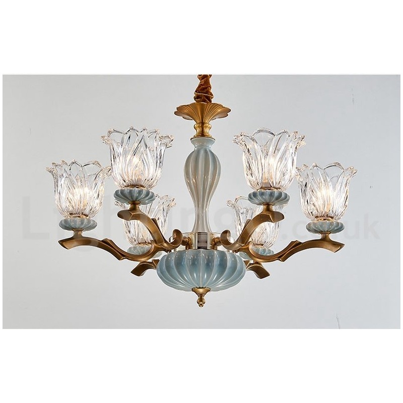 Lampadario a sospensione rustico retrò vintage in ottone e ceramica con paralumi in vetro