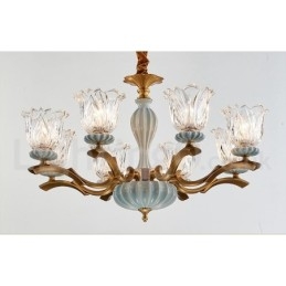 Lampadario a sospensione rustico retrò vintage in ottone e ceramica con paralumi in vetro