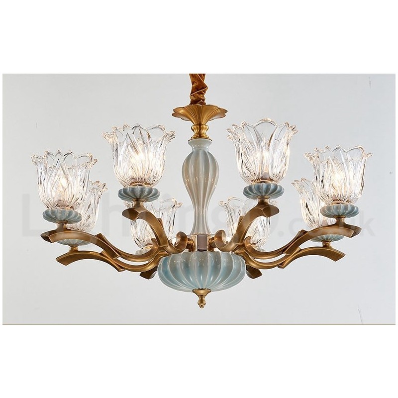Lampadario a sospensione rustico retrò vintage in ottone e ceramica con paralumi in vetro