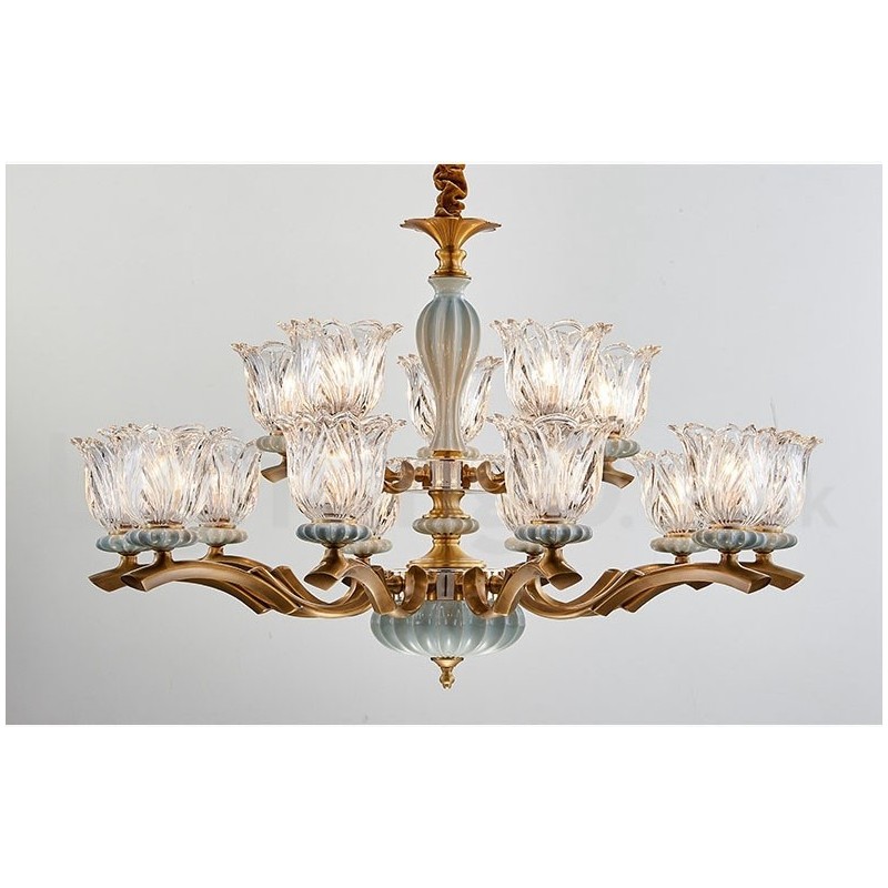 Lampadario a sospensione rustico retrò vintage in ottone e ceramica con paralumi in vetro
