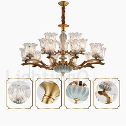 Lampadario a sospensione rustico retrò vintage in ottone e ceramica con paralumi in vetro