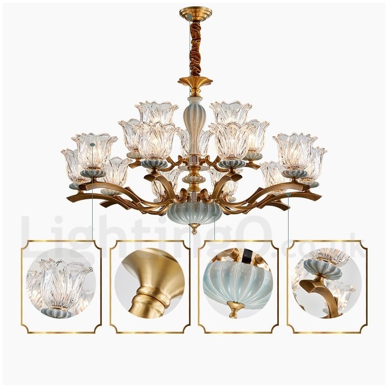 Lampadario a sospensione rustico retrò vintage in ottone e ceramica con paralumi in vetro