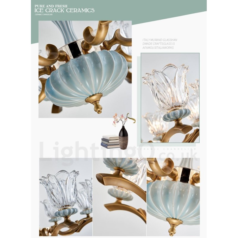 Lampadario a sospensione rustico retrò vintage in ottone e ceramica con paralumi in vetro