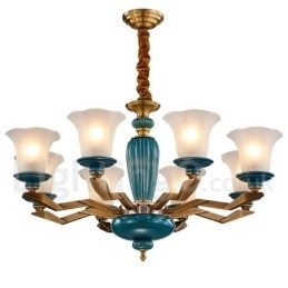 Lampadario a sospensione vintage rustico in ottone e ceramica con paralumi in vetro