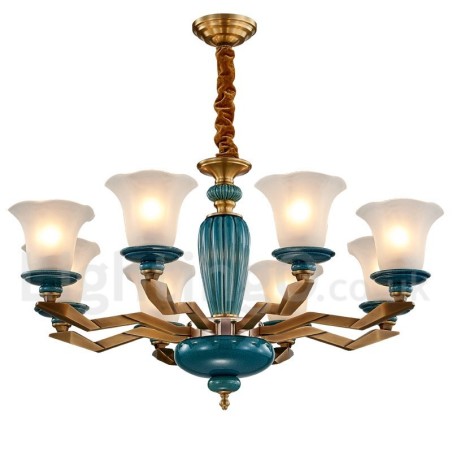 Lampadario a sospensione vintage rustico in ottone e ceramica con paralumi in vetro
