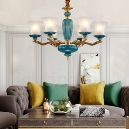 Lampadario a sospensione vintage rustico in ottone e ceramica con paralumi in vetro
