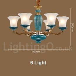 Lampadario a sospensione vintage rustico in ottone e ceramica con paralumi in vetro