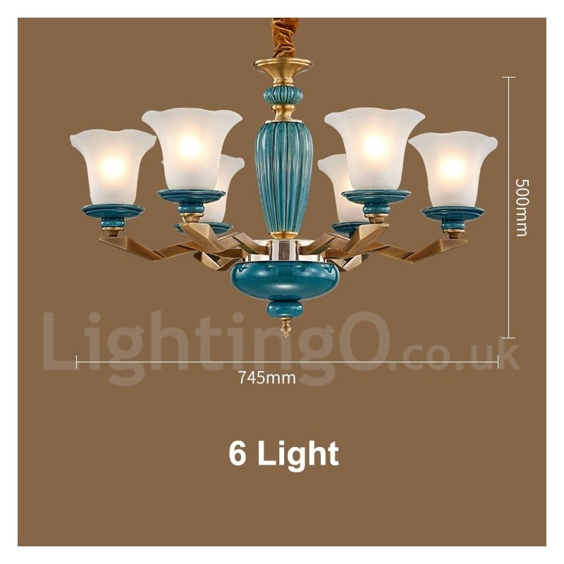 Lampadario a sospensione vintage rustico in ottone e ceramica con paralumi in vetro