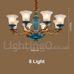 Lampadario a sospensione vintage rustico in ottone e ceramica con paralumi in vetro