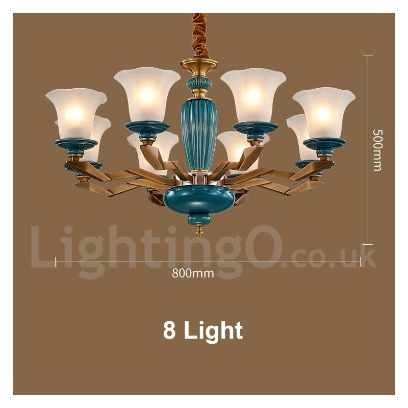 Lampadario a sospensione vintage rustico in ottone e ceramica con paralumi in vetro