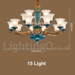 Lampadario a sospensione vintage rustico in ottone e ceramica con paralumi in vetro