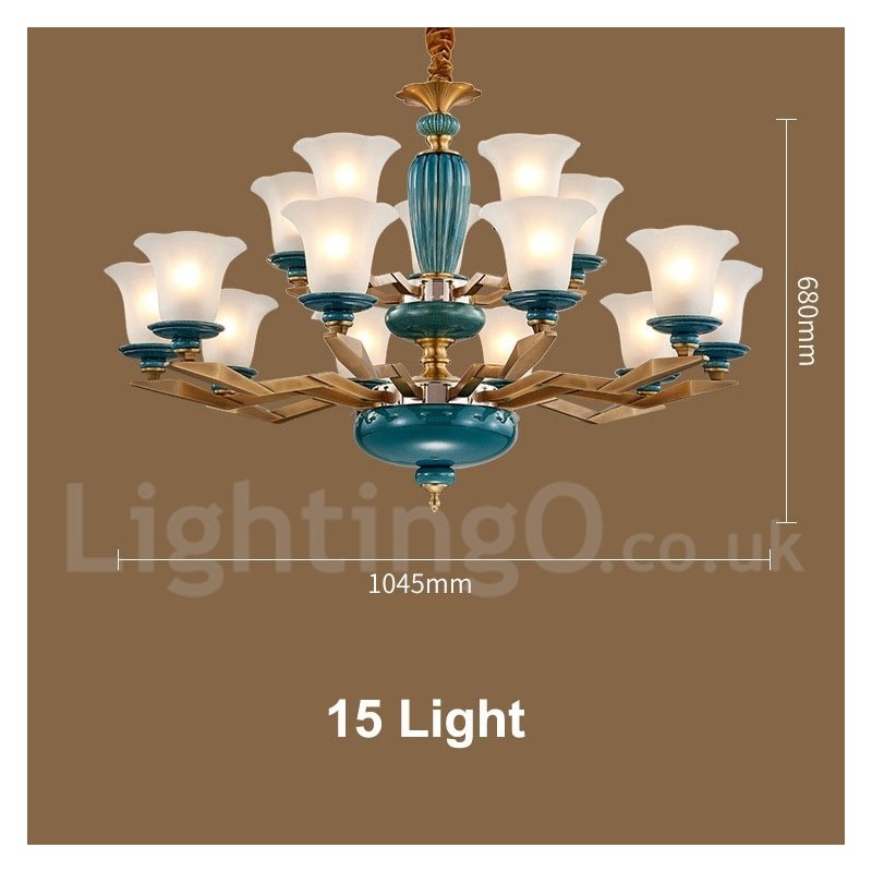 Lampadario a sospensione vintage rustico in ottone e ceramica con paralumi in vetro