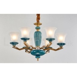 Lampadario a sospensione vintage rustico in ottone e ceramica con paralumi in vetro