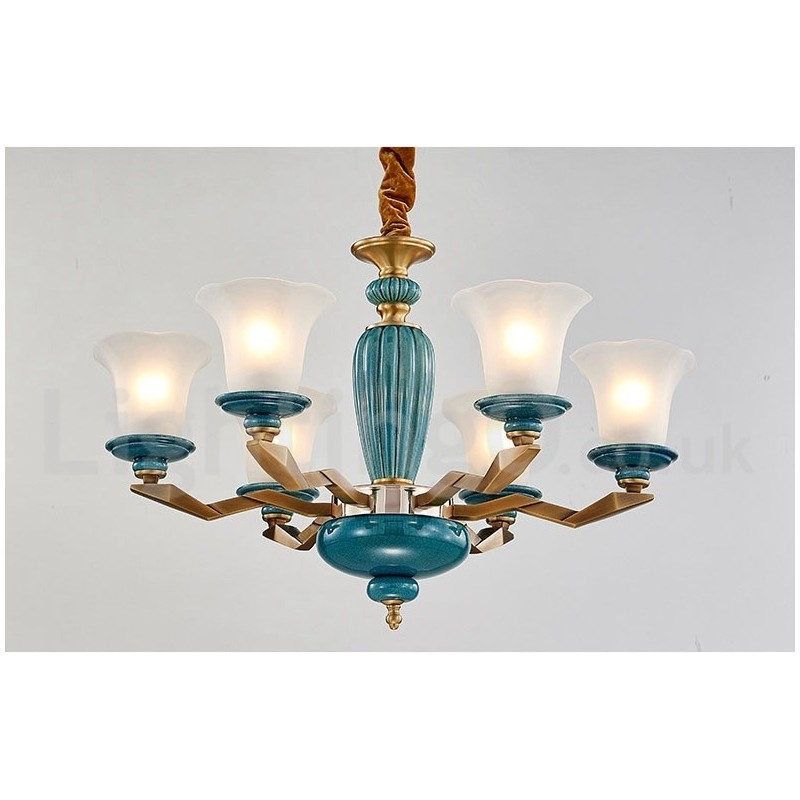 Lampadario a sospensione vintage rustico in ottone e ceramica con paralumi in vetro