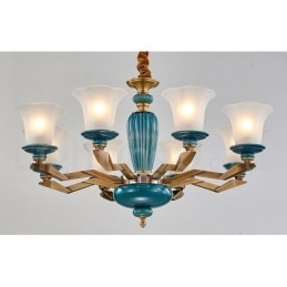 Lampadario a sospensione vintage rustico in ottone e ceramica con paralumi in vetro