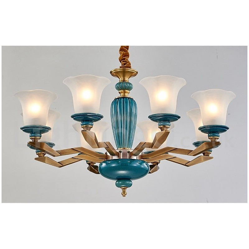 Lampadario a sospensione vintage rustico in ottone e ceramica con paralumi in vetro