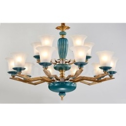 Lampadario a sospensione vintage rustico in ottone e ceramica con paralumi in vetro