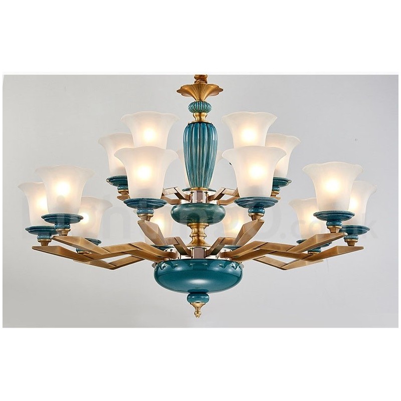 Lampadario a sospensione vintage rustico in ottone e ceramica con paralumi in vetro