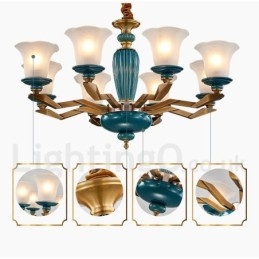 Lampadario a sospensione vintage rustico in ottone e ceramica con paralumi in vetro