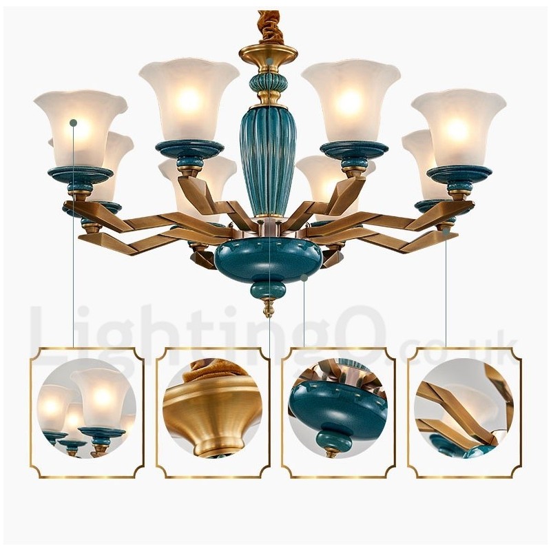 Lampadario a sospensione vintage rustico in ottone e ceramica con paralumi in vetro