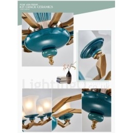 Lampadario a sospensione vintage rustico in ottone e ceramica con paralumi in vetro