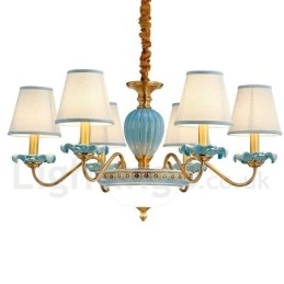 Lampadario a sospensione retrò vintage in ottone e ceramica con paralumi in tessuto blu