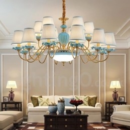 Lampadario a sospensione retrò vintage in ottone e ceramica con paralumi in tessuto blu