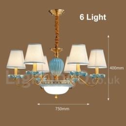 Lampadario a sospensione retrò vintage in ottone e ceramica con paralumi in tessuto blu