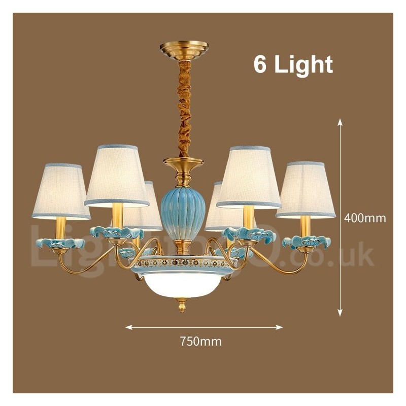 Lampadario a sospensione retrò vintage in ottone e ceramica con paralumi in tessuto blu
