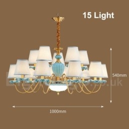 Lampadario a sospensione retrò vintage in ottone e ceramica con paralumi in tessuto blu