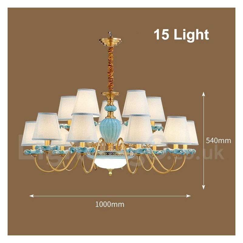 Lampadario a sospensione retrò vintage in ottone e ceramica con paralumi in tessuto blu