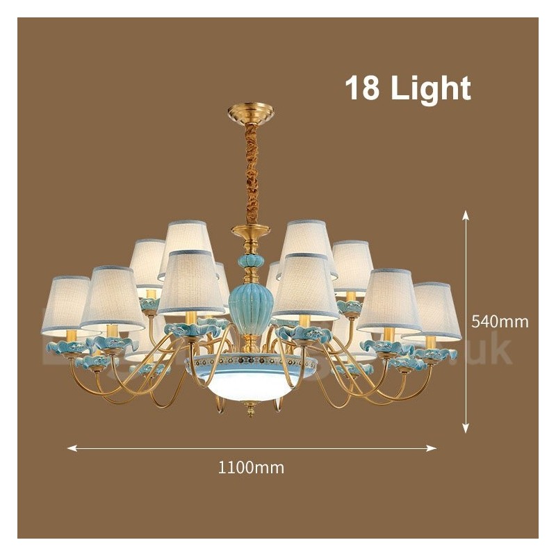 Lampadario a sospensione retrò vintage in ottone e ceramica con paralumi in tessuto blu