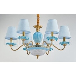 Lampadario a sospensione retrò vintage in ottone e ceramica con paralumi in tessuto blu