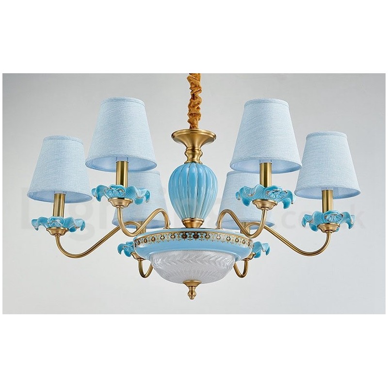 Lampadario a sospensione retrò vintage in ottone e ceramica con paralumi in tessuto blu