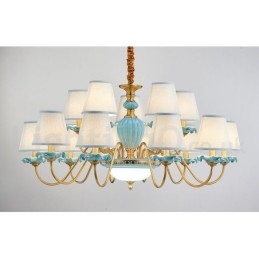 Lampadario a sospensione retrò vintage in ottone e ceramica con paralumi in tessuto blu