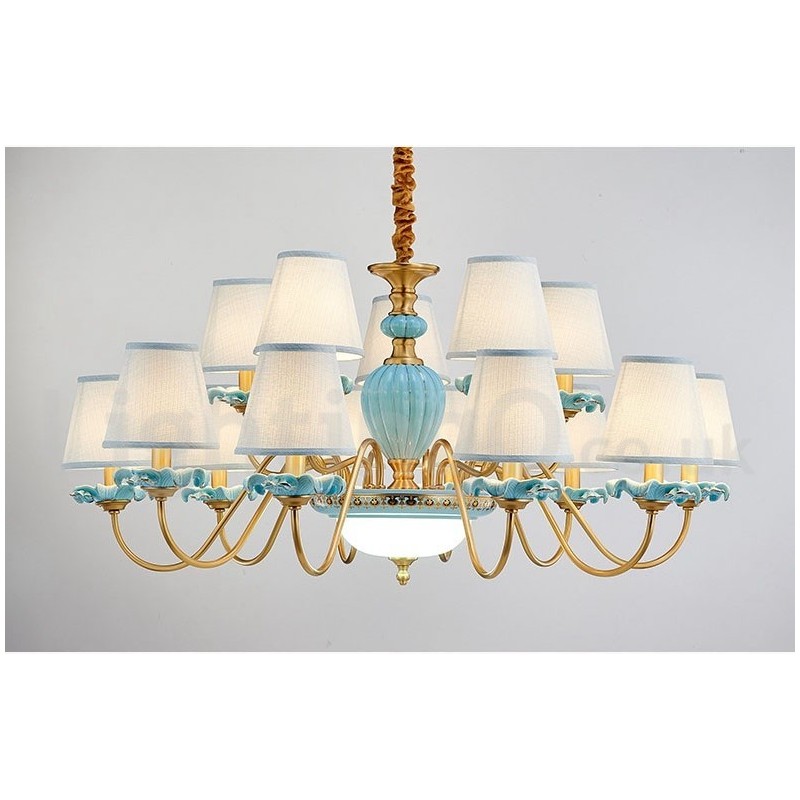 Lampadario a sospensione retrò vintage in ottone e ceramica con paralumi in tessuto blu