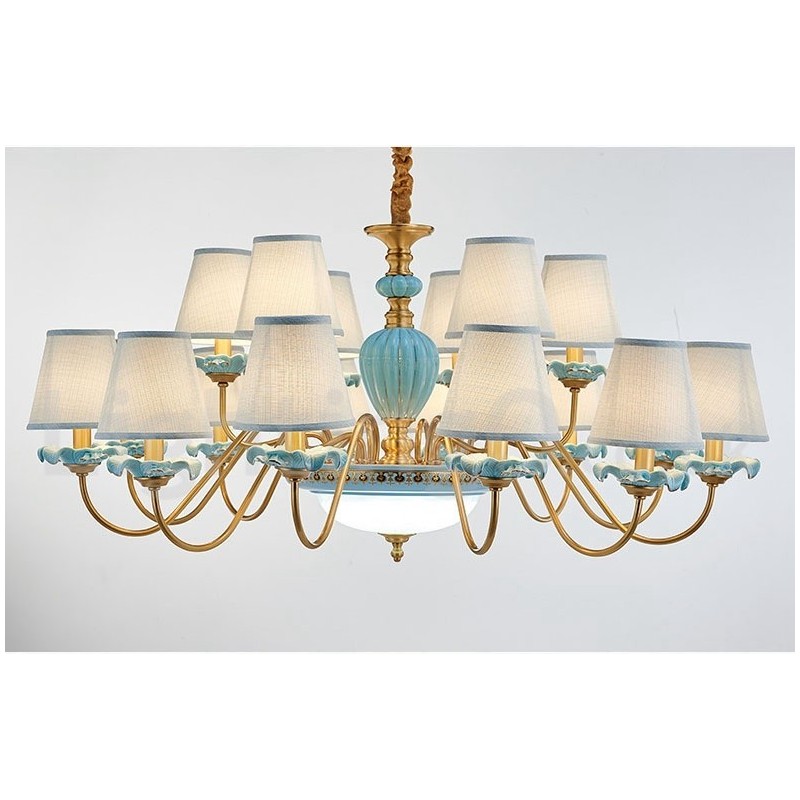 Lampadario a sospensione retrò vintage in ottone e ceramica con paralumi in tessuto blu