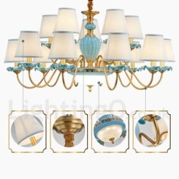 Lampadario a sospensione retrò vintage in ottone e ceramica con paralumi in tessuto blu