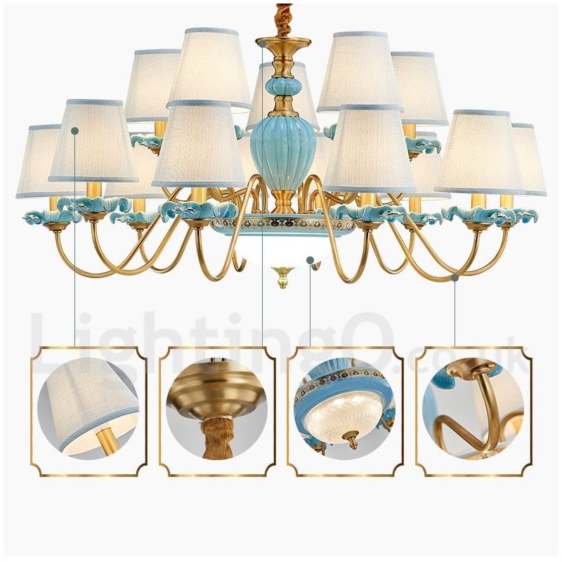 Lampadario a sospensione retrò vintage in ottone e ceramica con paralumi in tessuto blu