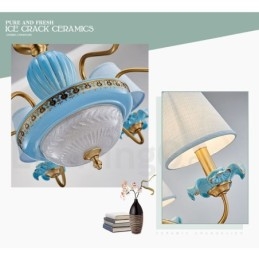 Lampadario a sospensione retrò vintage in ottone e ceramica con paralumi in tessuto blu