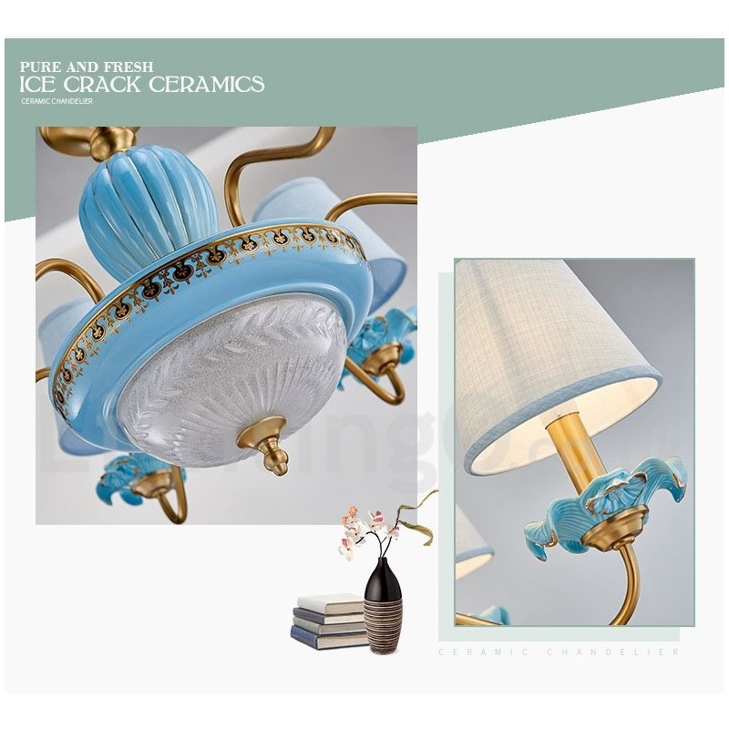 Lampadario a sospensione retrò vintage in ottone e ceramica con paralumi in tessuto blu