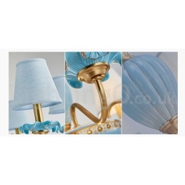 Lampadario a sospensione retrò vintage in ottone e ceramica con paralumi in tessuto blu