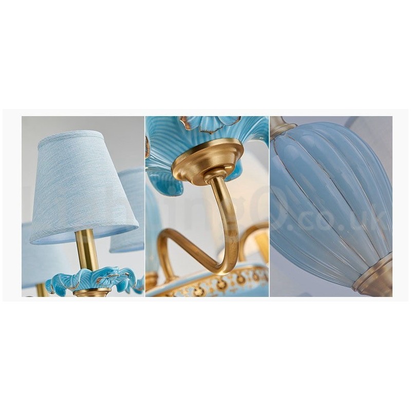 Lampadario a sospensione retrò vintage in ottone e ceramica con paralumi in tessuto blu