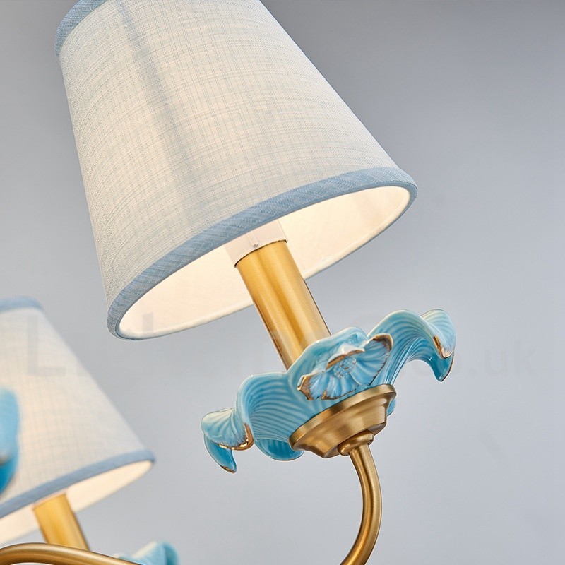 Lampadario a sospensione retrò vintage in ottone e ceramica con paralumi in tessuto blu