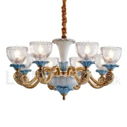 Lampadario a sospensione vintage in ottone e ceramica con paralumi in vetro