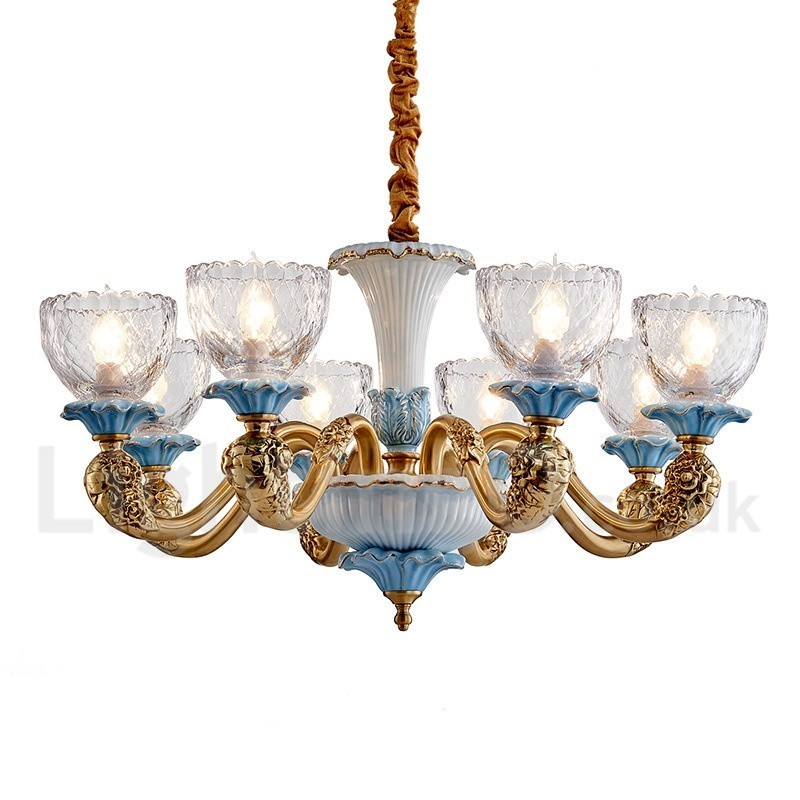 Lampadario a sospensione vintage in ottone e ceramica con paralumi in vetro
