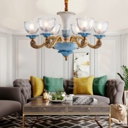 Lampadario a sospensione vintage in ottone e ceramica con paralumi in vetro