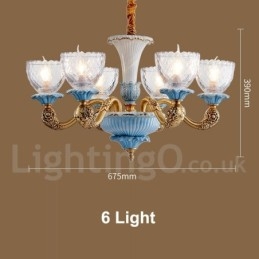 Lampadario a sospensione vintage in ottone e ceramica con paralumi in vetro