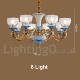 Lampadario a sospensione vintage in ottone e ceramica con paralumi in vetro