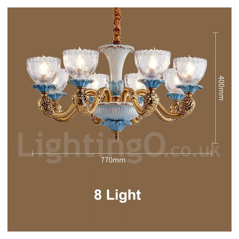 Lampadario a sospensione vintage in ottone e ceramica con paralumi in vetro